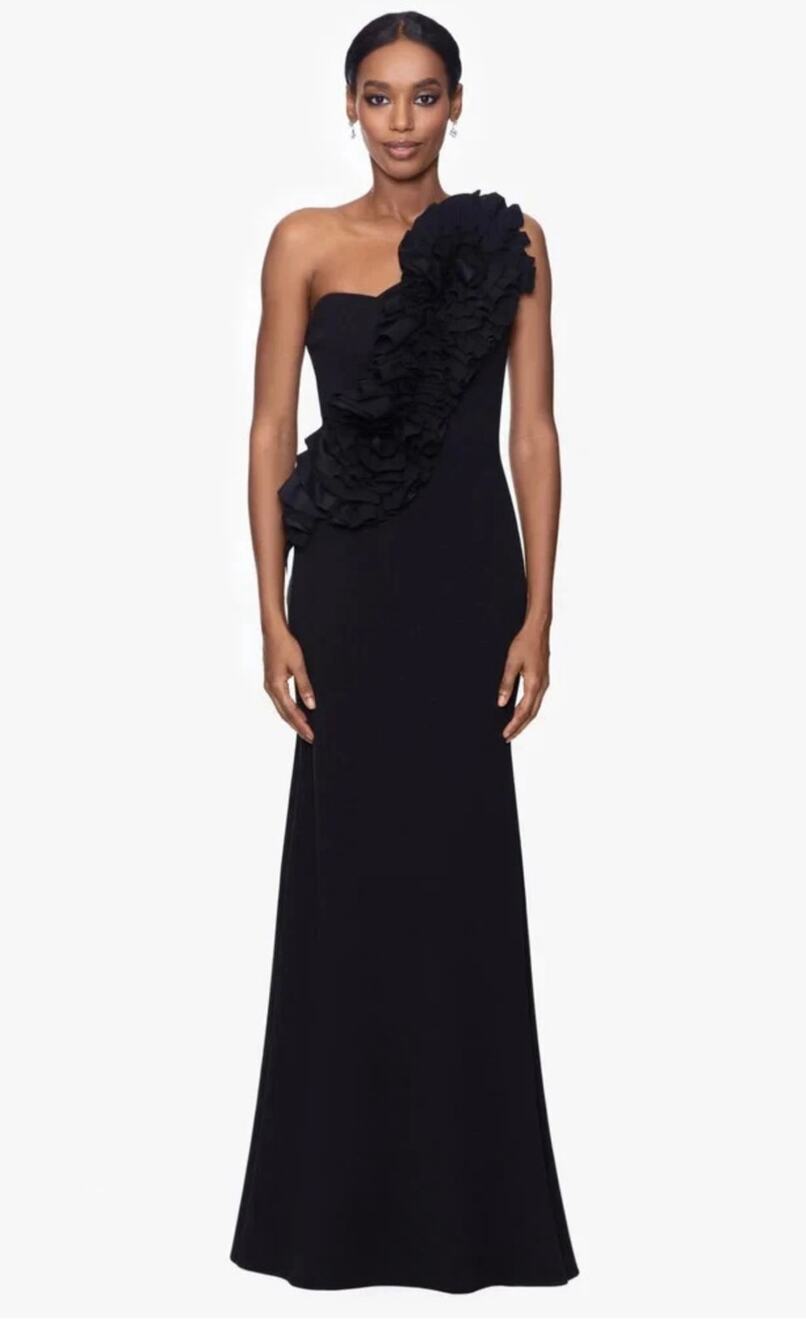 Betsy & Adam Black One-Shoulder 3D Floral Gown - Size 14